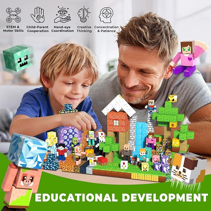 464PCS Magnetic Blocks with 10 Action Figures– 2025 STEM Magnetic Building Blocks for Kids Christmas, Creative Educational Play Set for Boys & Girls