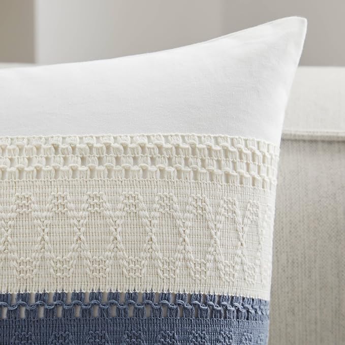 2pk Boho Pillow Covers 24x24, Natural White/Contrast/Blue | 100% Organic Cotton Body, Stripe Embroidery, Farmhouse Decorative Cushion Covers for Sofa Bed Living Room Home Decor