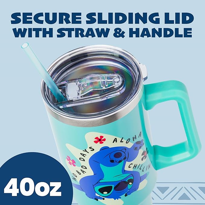 Silver Buffalo Disney Lilo and Stitch Aloha No Bad Days Chillin’ Double Walled Stainless Steel Tumbler with Handle and Straw, Fits in Standard Cup Holder, 40 Ounces