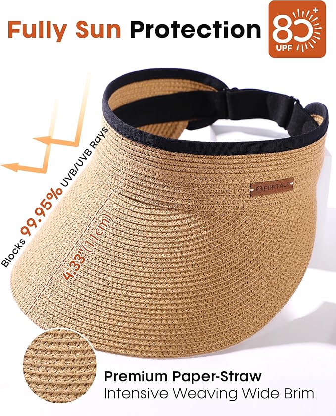 FURTALK Womens Sun Visor Hat Straw Sun Visors for Women Summer Packable Ponytail Beach Hats for Women Travel UPF 80+