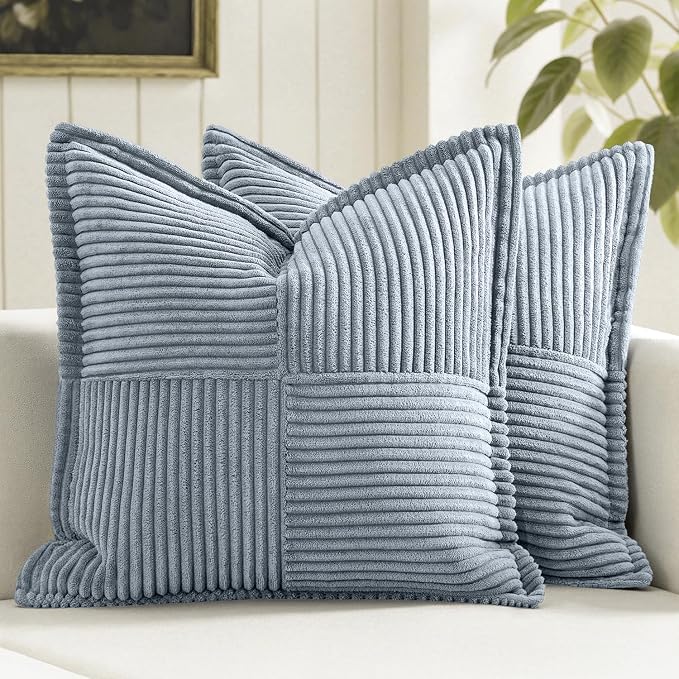 MIULEE Decorative Throw Pillow Covers for Couch 20x20 Inch Dustyblue 2 Pack | Boho Broadside Striped Patchwork Pillow Covers, Soft Corduroy Cushion Cases, For Sofa Bed Livingroom Home Decor