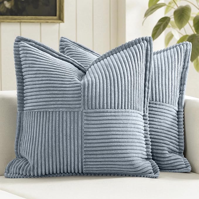 MIULEE Decorative Throw Pillow Covers for Couch 18x18 Inch Dustyblue 2 Pack | Boho Broadside Striped Patchwork Pillow Covers, Soft Corduroy Cushion Cases, For Sofa Bed Livingroom Home Decor