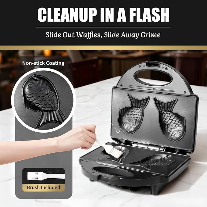 FineMade Taiyaki Fish Waffle Maker Machine with Non Stick Cooking Plate, Electric Japanese Fish Shaped Waffle Iron Pan, Korean Bungeoppang Pan, Recipe Included