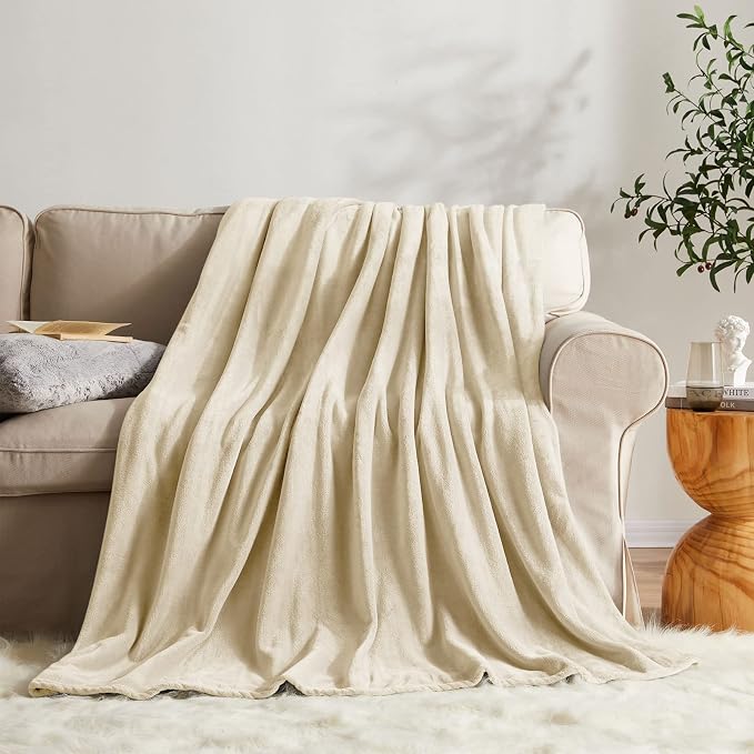 KMUSET Super Soft Throw Blanket Premium Silky Flannel Fleece Twin Size Beige Microfiber Lightweight Blanket All Season Use