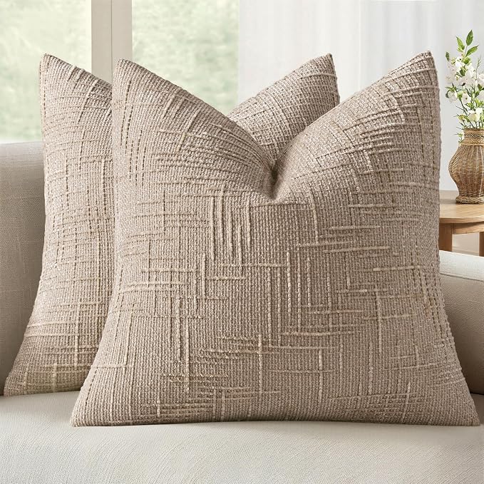 MIULEE Chenille Textured Euro Throw Pillow Covers Oatmeal 26x26 Set of 2 | Slubby Decorative Pillows, Boho Farmhouse Home Decor, Modern Neutral Cushion Covers for Couch Sofa Bed Living Room