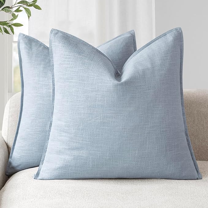 Foindtower Pack of 2, Decorative Linen Solid Throw Pillow Covers Soft Accent Euro Cushion Case Boho Farmhouse Pillowcase for Chair Couch Sofa Bedroom Living Room Home Decor 20 x 20 Inch Sky Blue