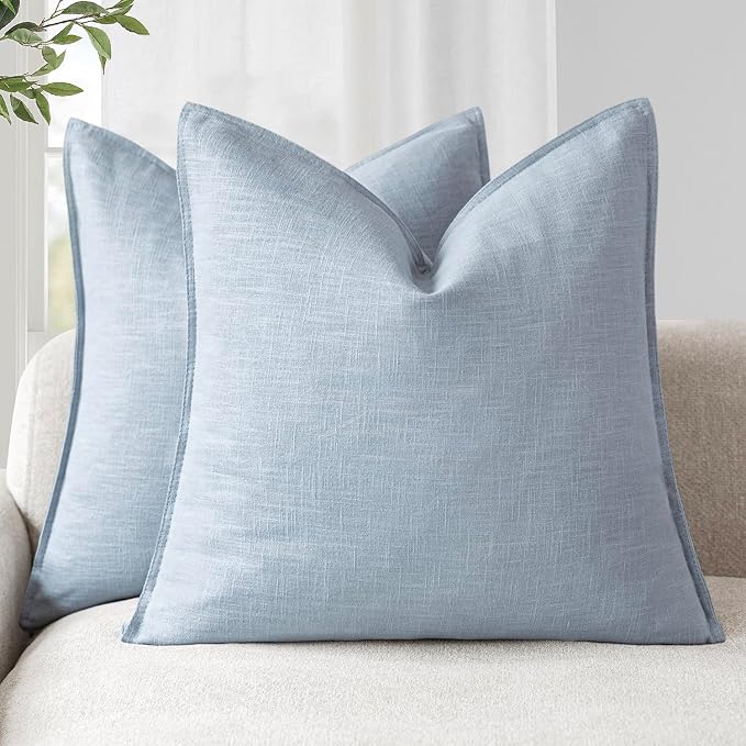 Foindtower Pack of 2, Decorative Linen Solid Throw Pillow Covers Soft Accent Euro Cushion Case Boho Farmhouse Pillowcase for Chair Couch Sofa Bedroom Living Room Home Decor 22 x 22 Inch Sky Blue