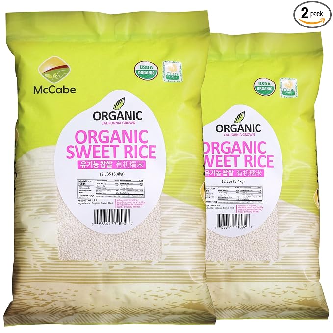McCabe Organic Sweet Rice - Organic Glutinous Sweet Rice | Gluten Free & GMO-Free Sticky Rice | Rich in Fibers and Minerals | USDA and CCOF Certified | Product of USA | 12 Lbs Pack of 2