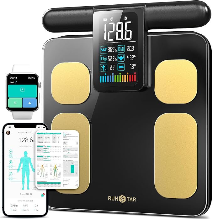 RunStar 8-Electrode Scale for Body Weight, Accurate Body Composition Scale with BMI Body Fat Muscle Mass over 50 Metrics, Rechargeable Body Analyzer with Large Colorful Screen Handle, 400lb, BlackGold