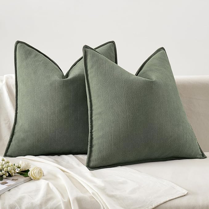 MIULEE Pack of 2 Army Green Decorative Chenille Pillow Covers 18x18 Inch | Soft Couch Throw Pillows,Farmhouse Cushion Covers with Elegant Design for Sofa,Bedroom,Living Room,Spring Home Decor