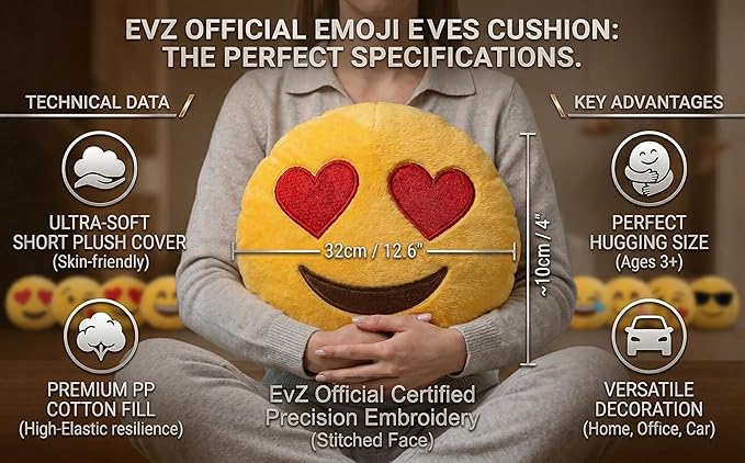 EvZ Official Certified Glasses Girl Emoji Pillow - 32cm Large Soft Plush Smiley Face Smart Emoticon Cushion - Cute Decorative Stuffed Toy for Girls, School Gift, Home & Bedroom Decor (Yellow)