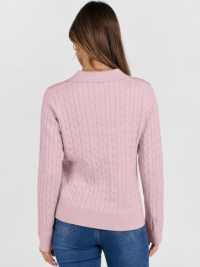 ANRABESS Womens Cable Knit Sweaters Long Sleeve V Neck | Pullover Collared Sweater Tops, Polo Knit Shirts, Business Casual Work, Tennis Golf, Fall Winter Fashion Outfits