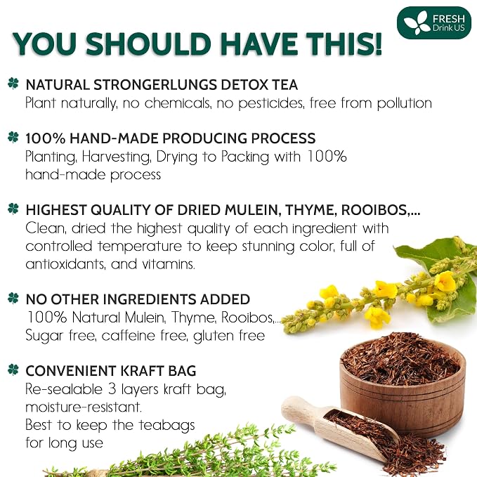 FreshDrinkUS, Premium Stronger Lung Detox Tea Bags for Smokers & Cleanse Support – Special Blend with Peppermint, Licorice Root, Ginger & Herbal Respiratory Blend – Natural Herbal Tea Support Breathing & Throat Comfort- Supports Lung Cleanse, Congestio...