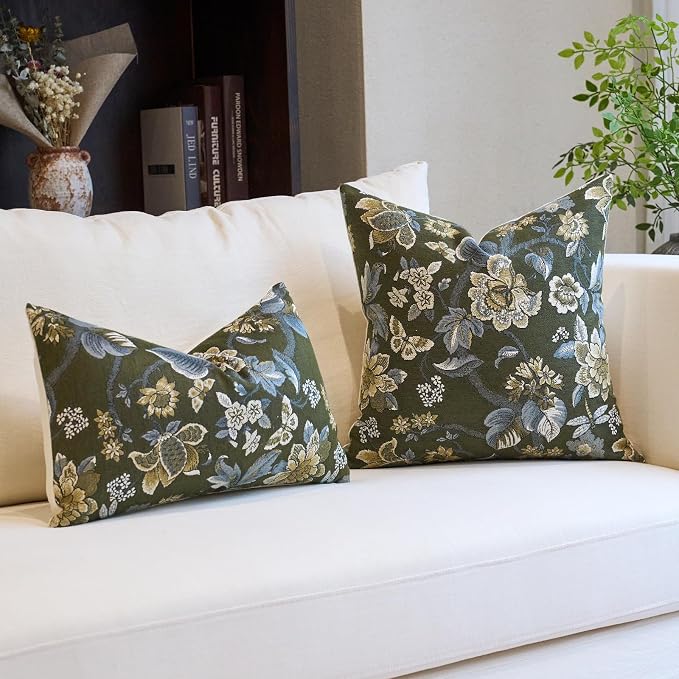 Neutral Floral Pillow Cover 18x18, Vintage Linen Square Pillow Cover Soft Decorative Farmhouse Accent Pillow Cases for Couch Bedroom Living Room Home Decor, Green