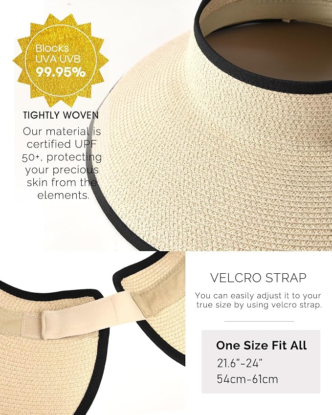FURTALK Womens Sun Hat with Ponytail Hole Wide Brim Beach Straw Visor | Foldable & Packable for Beach Vacations, Adjustable Fit for Messy Buns, Detachable Windproof Strap, Sweat-Wicking Inner Band