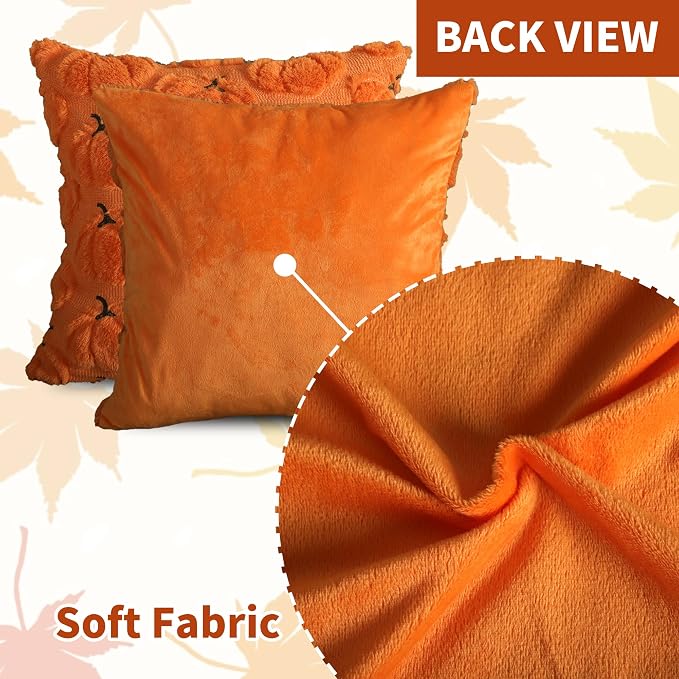 Fall Pumpkins Decorative Pillow Covers 18x18 Set of 2, Orange Soft Plush Faux Fur Wool Farmhouse Throw Cushion Cases for Autumn Thanksgiving Holiday Home Decorations
