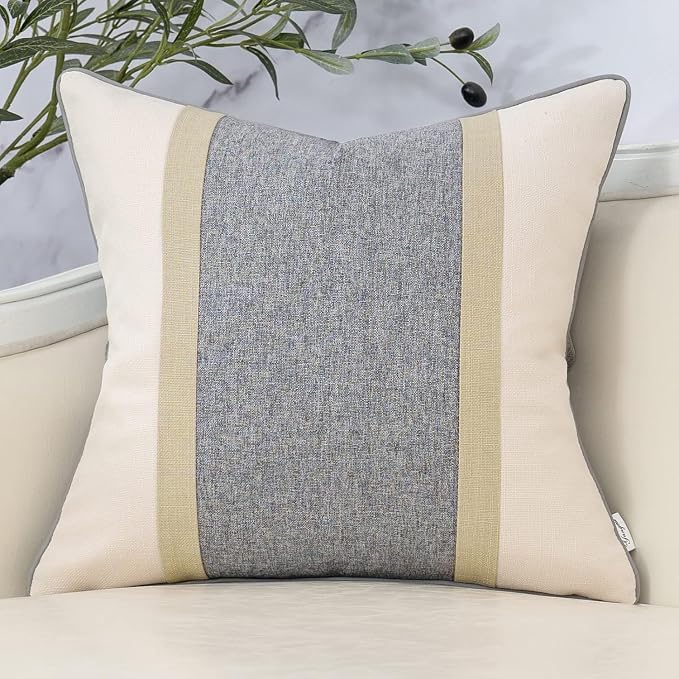 Patchwork Pillow Cover 20x20 Inch Luxury Cotton and Linen Cushion Cover Square Pillowcover for Couch Bedroom Living Room, Gray