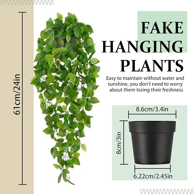 Waipfaru Fake Hanging Plants, 2Pcs Artificial Potted Plant Pothos | Faux Ivy Vines Greenery for Wall Home Bedroom Living Room Aesthetic Kitchen Office Aesthetic Kitchen Indoor Outdoor Decor