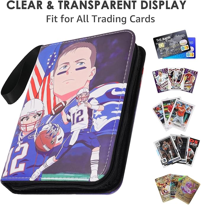 HBK Football Card Binder 400 Pockets, PU Leather 4 Pocket Card Binder with Sleeves, Football Card Holder Album with Zipper, Sports Trading Card Storage Binder for Boys Girls Collectors