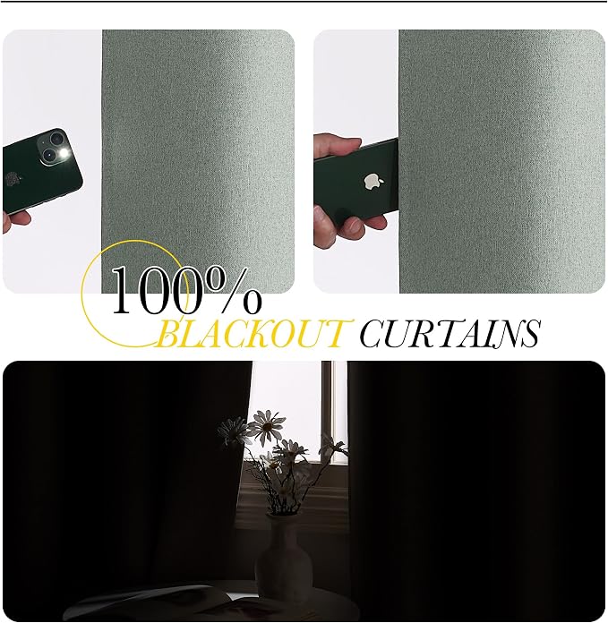 NICETOWN Full Shade Faux Linen Curtains 63 inches Long for Bedroom, Pair of Energy Smart & Noise Blocking 100% Blackout Drapes, Thermal Insulated Window Treatments for Night Shift Workers, Sage Green