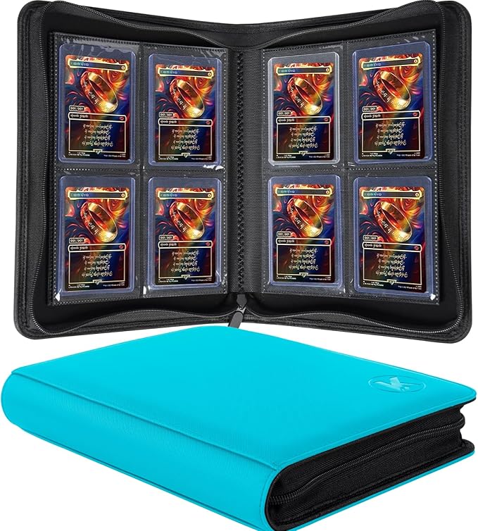 Top loader Binder, Holds 128+ Toploaders, 4 Pocket Top Loader Card Storage Case, Double-Sided Pockets for trading card in 3 x 4'' Toploaders（Blue）