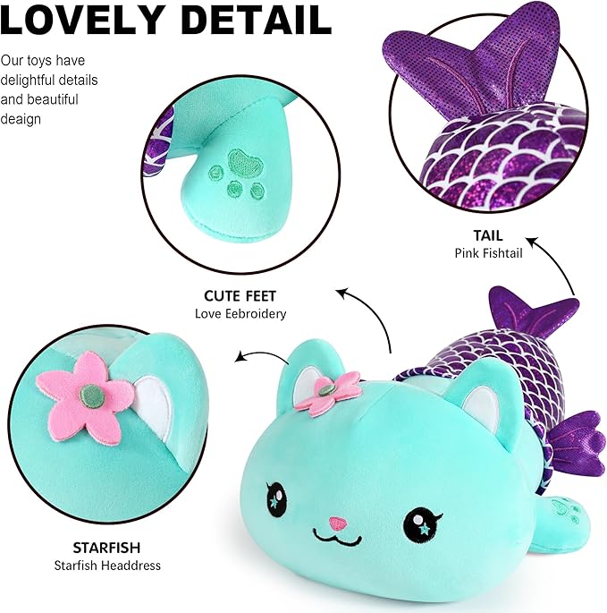 Onsoyours Cute Kitten Mermaid Plush Toy Stuffed Animal Kitty Soft Mermaid Cat Plush Pillow for Kids (Blue Cat Mermaid, 12")