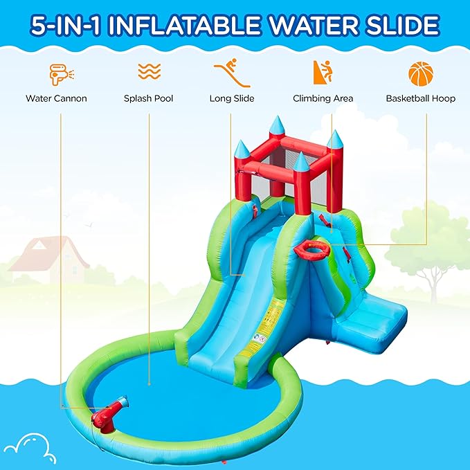 Yaheetech Inflatable Kids Water Slide, 5-in-1 Outdoor Blow Up Slide for Kids Aged 3-8 with Water Cannon, Basketball Hoop, Climbing Wall, Storage Bag & 350W Blower