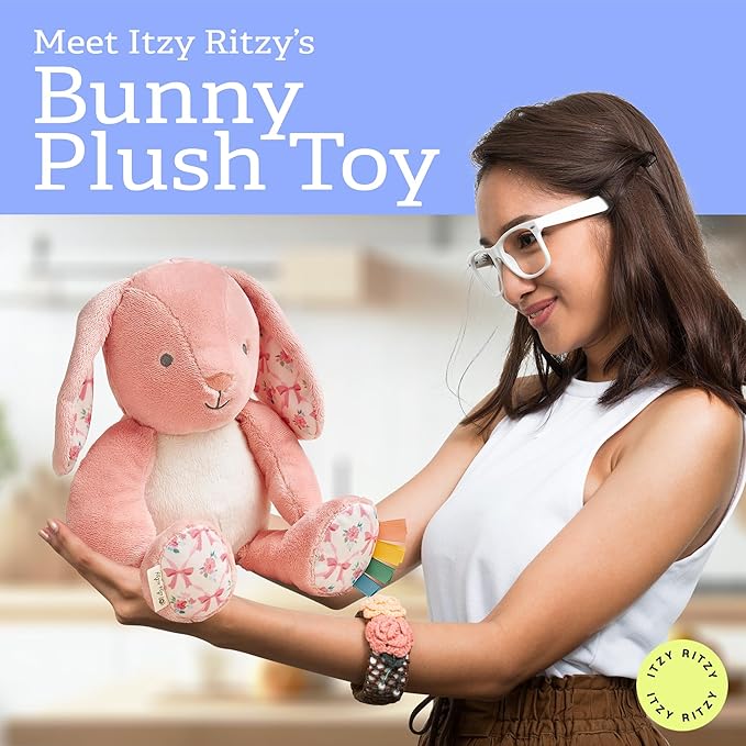 Itzy Ritzy Snuggles Plush Toy – Soft Stuffed Animal for Babies, Kids & Adults – Sensory Ribbons & Textured Fabrics for Tactile Play – Cozy & Cuddly Companion for Newborns & Up (Pink Bunny)
