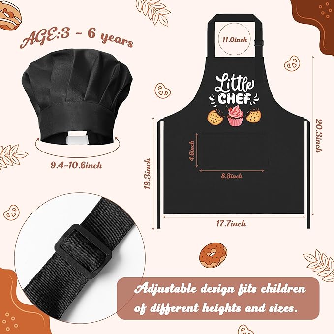 R HORSE Kid Apron and Chef Hat Set - 2Pcs Black Little Chef Adjustable Children Kitchen Toddler Apron with Pockets for Kids, Funny Dress up Pretend Play Toy Birthday Gift for Cooking Baking Painting