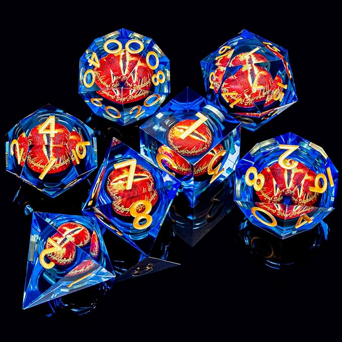 ARUOHHA DND Resin Dice Gazes Eye Dice Golden Blue Liquid Core Flaming RPG Sharp Edged Dice Set with Gift Box, Polyhedral D and D Dice Set Compatible with Dungeons Dragons Role Playing Game D20 D6