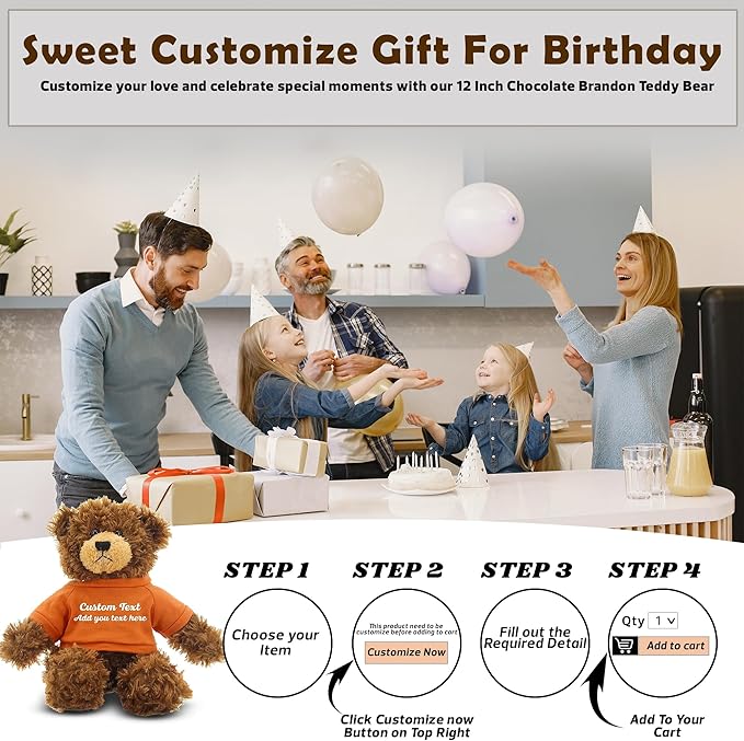 Customized Chocolate Brandon Bear - 12 inch Personalized Stuffed Bear Plush Toy - Perfect Custom Shirt Bear Gift for Graduation Valentines Graduation Easter Holidays (Orange Shirt)