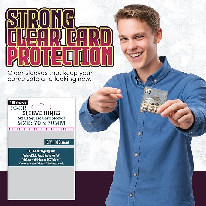 Sleeve Kings Standard Card Sleeves – 110 Count, Clear 60 Micron Thickness, Medium Square Size (70 x 70 mm), Compatible with Power Grid & More – SKU: SKS-8812