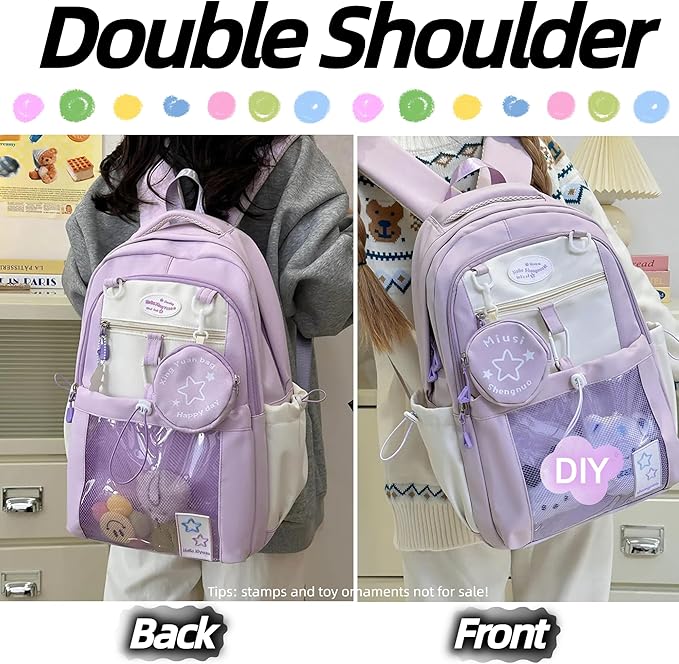 Kawaii Backpack Double Shoulder Bag with Cute Star Removable Pouch Clear Pocket Large Capacity Dopamine Colors Daypack (Clear Purple)