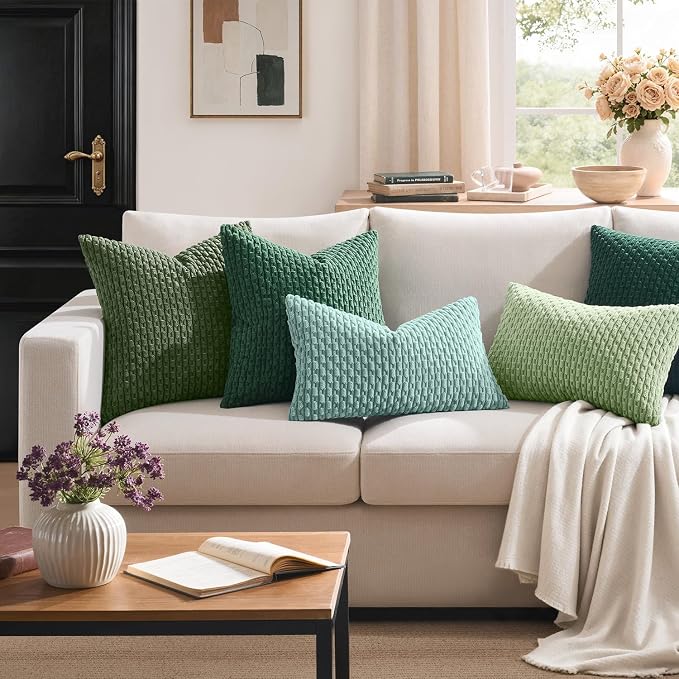 Kevin Textile Soft Corduroy 14"x24" Lumbar Pillow Cover 1 Pack, Dusty Green | Boho Stripe Plush Corduroy Decorative Oblong Cushion Cover Modern Farmhouse Home Decor for Sofa Couch Bed Chair