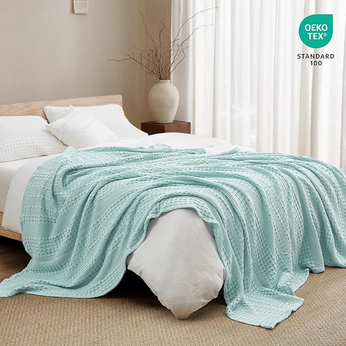 PHF 100% Cotton Waffle Weave Blanket King Size, Lightweight Breathable Summer Blanket for Hot Sleepers, Pre-Washed Soft Layer for Bed, Couch, Home Decor Gift, 108"x90", Mint