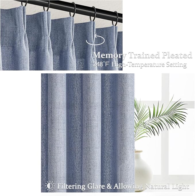 Dusty Blue 102 Inch Extra Long Memory Trained Pleated Linen Sheer Curtains