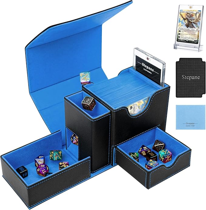 MTG Deck Box for Commander Display with Dice Tower, Fits 100 Double Sleeved Cards for TCG/PTCG, Cards Storage Case with Dice Tray and 35PT Magnetic Card Holder (Black/Blue)