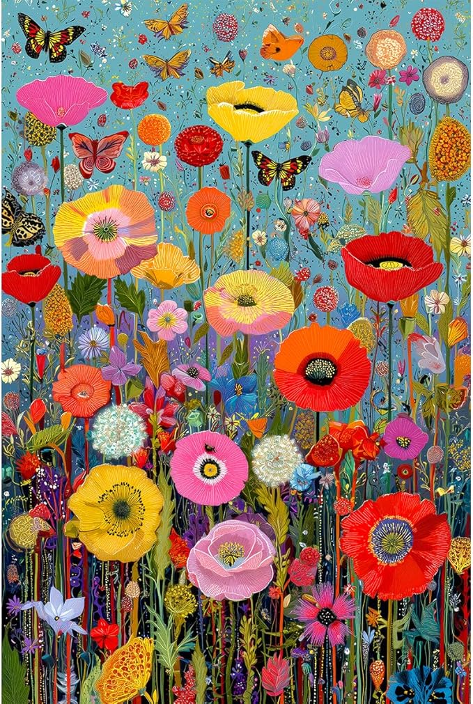 Bgraamiens 1000 Piece Jigsaw Puzzles for Adults – Maximalism Poppies and Butterflies – Bold Floral Arrangement with Vibrant Insects – Challenging Nature-Themed Gift