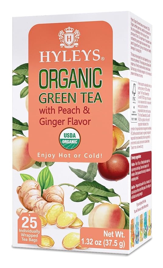 Hyleys Organic Green Tea Peach and Ginger Flavor - 25 Tea Bags (Pack of 2)