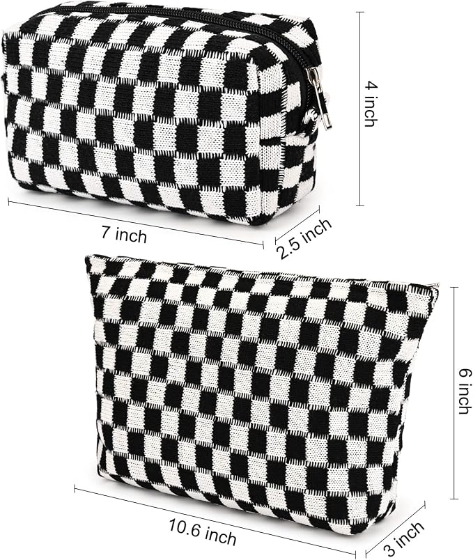 SOIDRAM 2 Pieces Black Makeup Bag Large Checkered Cosmetic Bag Capacity Canvas Mix Travel Toiletry Bag Organizer Cute Makeup Brushes Aesthetic Accessories Storage Bag for Women, Checkered Mix Black