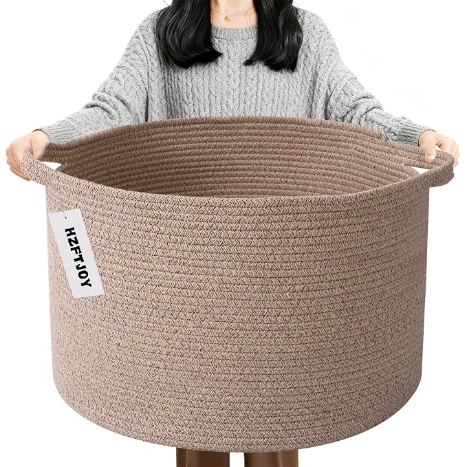 90L Extra Large Blanket Basket,Woven Rope Laundry Basket-Brown | Collapsible, reinforced handles, nursery storage bin organizes clothes, toys and pillows for living room, bedroom bathroom.