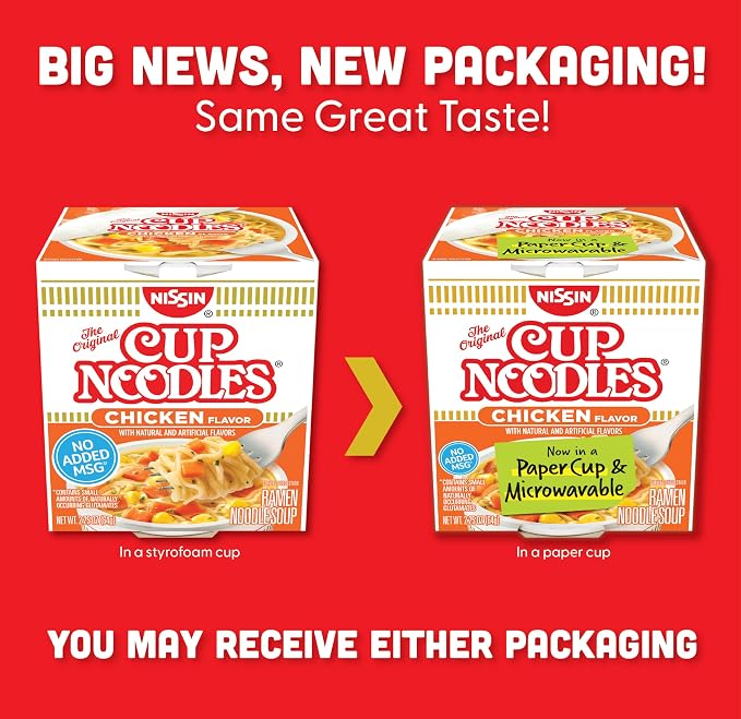 Nissin Cup Noodles Ramen Noodle Soup, Chicken, Microwaveable Paper Cup, 2.25 Ounce (Pack of 12) | Instant Ramen Noodle Soup, Microwaveable Paper Cups