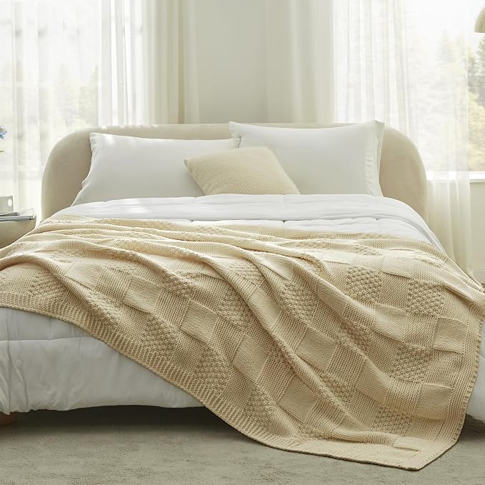 Knit Throw Blanket, Soft Chenille Cozy Breathable Checkered Chunky Decorative Blanket for Couch, Bed & Sofa, French-Inspired Lightweight Warm Gift for Women, Beige, 50"x60"