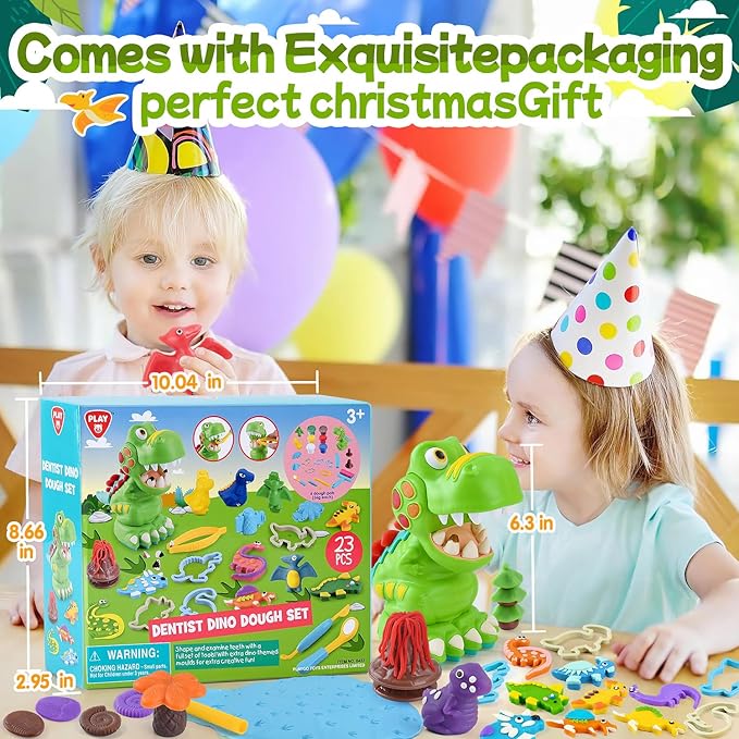 PLAY Dinosaur Clay Sets for Ages Kids 4-8 - Color Dough Toys with Dentist Play Set, 15 Dough Tool Set with Volcano, Dinosaur Footprint Roller and Tree, 2 oz Cans/6 Total, Multicolor