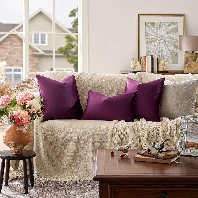 GIGIZAZA Velvet Pillow Covers 16x16 Decorative Pillows Pack of 2 Purple | Throw Pillows for Couch Sofa,280gsm Soft Textured Fabric,Luxury Modern Square Pillowcases,Home Decor Cushion Covers