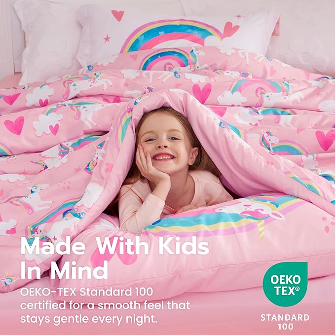 Joiedomi Kid Twin Comforter Set 5 Piece Unicorn Rainbow Bedding Set for Boys/Girls Super Soft Microfiber Bed in a Bag with Comforter Sheets Pillowcase & Sham