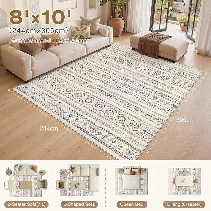 cotiled 8x10 Area Rugs Living Room Rug: Washable Boho Rugs with Non Slip Backing Large Soft Indoor Stain Resistant Carpet for Bedroom Farmhouse Dining Room Lightweight Home Decor Cream Brown