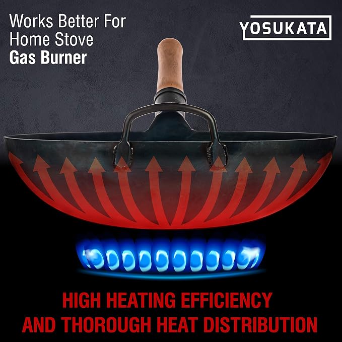 YOSUKATA Blue Round Bottom Wok Pan – 14" Woks and Stir Fry Pans + Wok Lid 13.6 Inch - Premium Stainless Griddle Dome with Tempered Glass Insert Steam Holes
