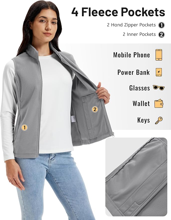 TACVASEN Women's Fleece Vest Lightweight Sleeveless Zip Jacket Outerwear | Soft Polar,Zipper Pockets,Stand Collar,Fall Winter Warm,Outdoor,Athletic,Running,Hiking,Travelling,Golf,Work