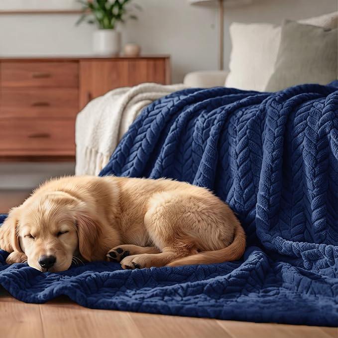 Exclusivo Mezcla Soft Fleece Bed Blanket Twin Size, 60”x80”, Navy Blue | Cozy Fluffy Lightweight Blankets for Summer, Decorative Plush Flannel Throws for Living room, Bedroom with Leaves Pattern